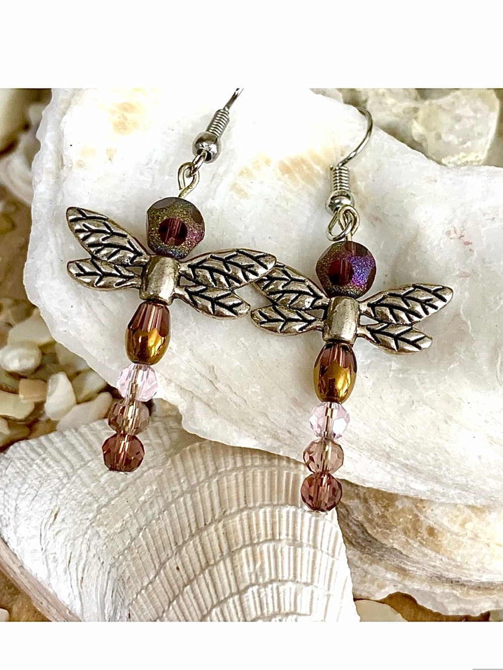 Pink & Bronze Iridescent Beaded Dragonfly Earrings - Picture 3 of 4